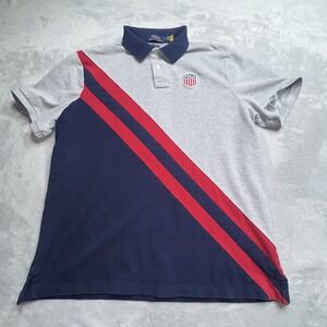 Polo Ralph Lauren Rugby Polo Shirt Mens L Gray Colorblock USA Shield Logo